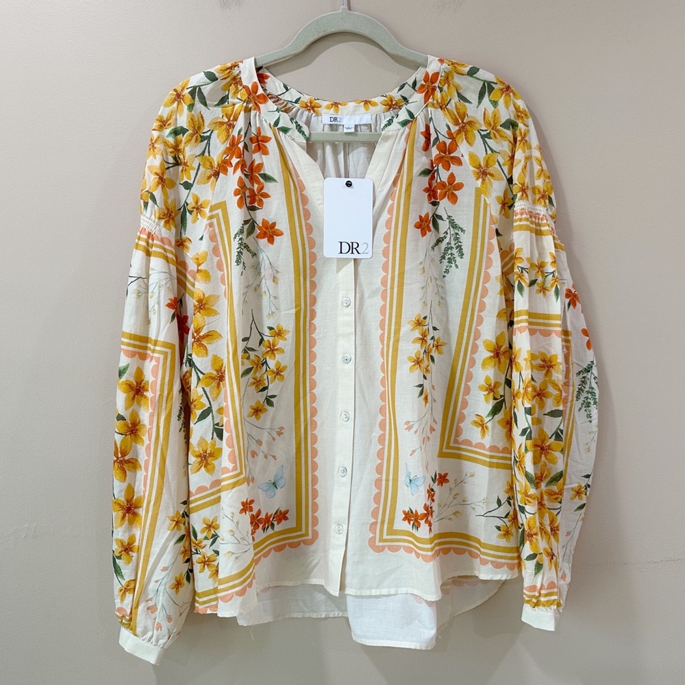 DR2 Women's L Ivory Yellow Floral Scarf Print Button Down Blouse Balloon Sleeve